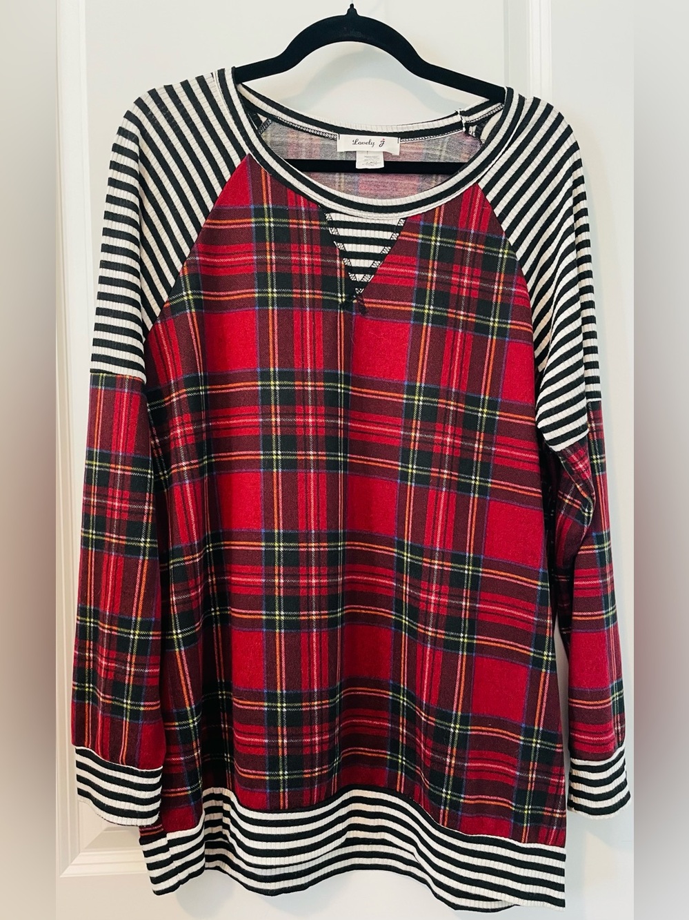 Striped Sleeve Red Plaid Mixed-Print Tunic Top
